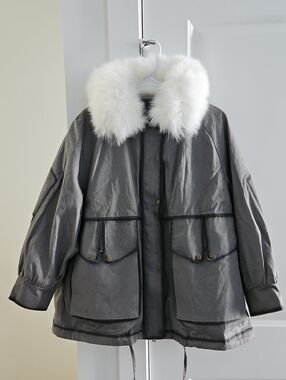 Fox Fur Rabbit Fur Lined 3 In 1 Grey Parka Coat NWOT Fox Fur Removable Collar